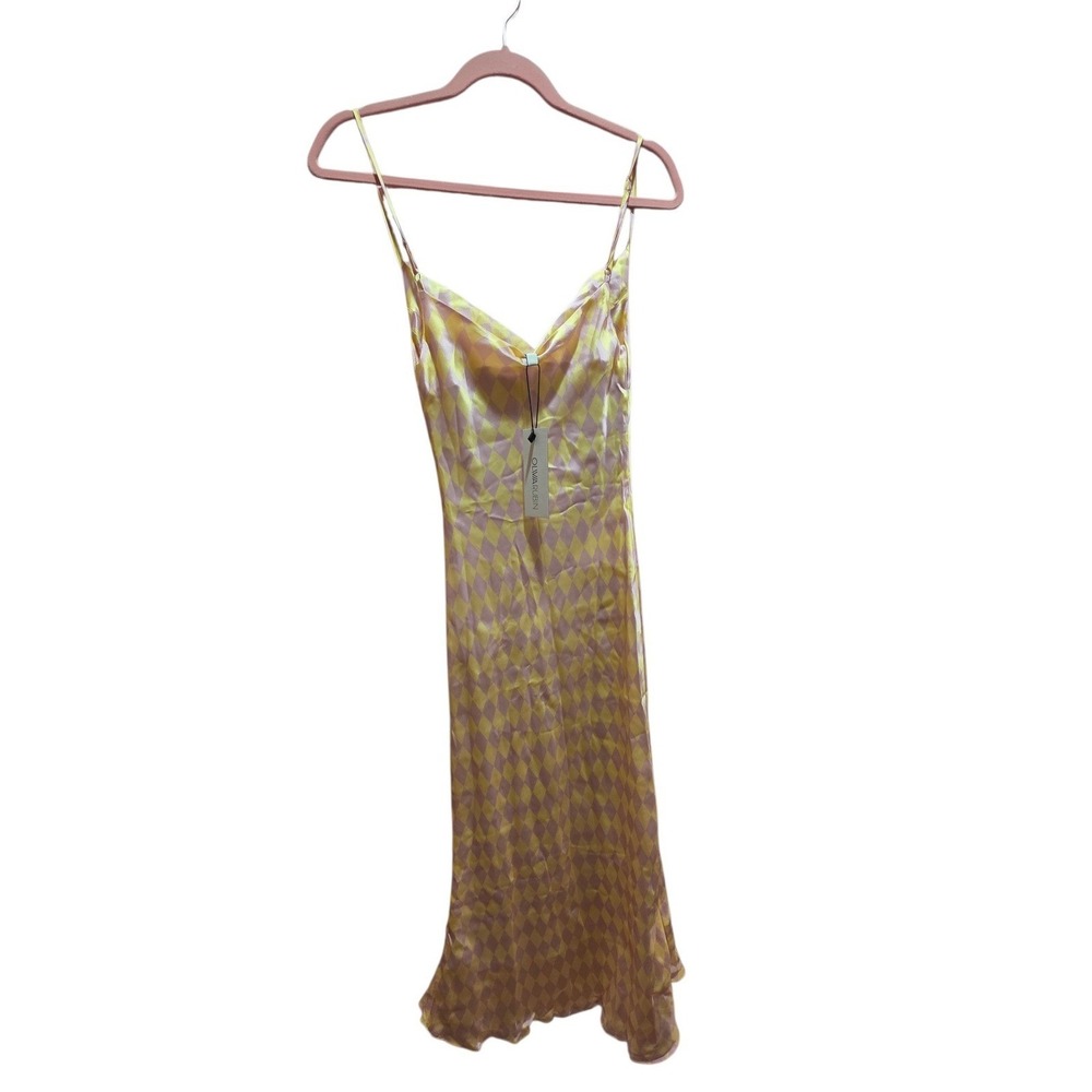 Olivia Rubin Silk Aubrey Harlequin Diamond Satin Slip Midi Dress Pink Yellow 0 - Picture 6 of 7